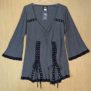 Womens 3X Gray Corset Lace Up Bell Sleeve Whimsygoth Renaissance Steampunk Top